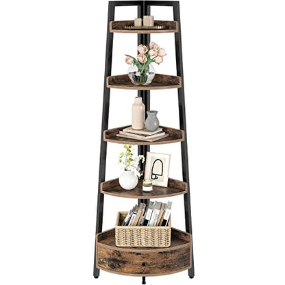 Seventable Rustic Brown 5-Tier Corner Shelf with Drawer – Versatile Storage Solution for Home and Office - WoodArtSupply