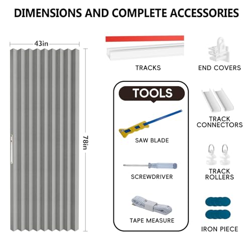 Jilron Accordian Door Curtain,Install Adhesive Track 100% Blackout Doorway Curtains,Suitable for Bedroom,Closet,Interior Room Divider,Gray 43" W×78" L,1 Piece Jilron