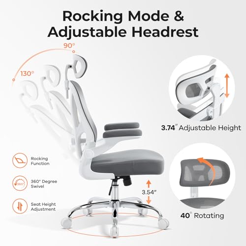 shipborne Office Chair Ergonomic Office Chair with Lumbar Support, Head Support, Rocking Function, FILP-up Armrests, Mesh High Back Chair Home Office Desk Chair, Suitable for Home, Office, Grey shipborne