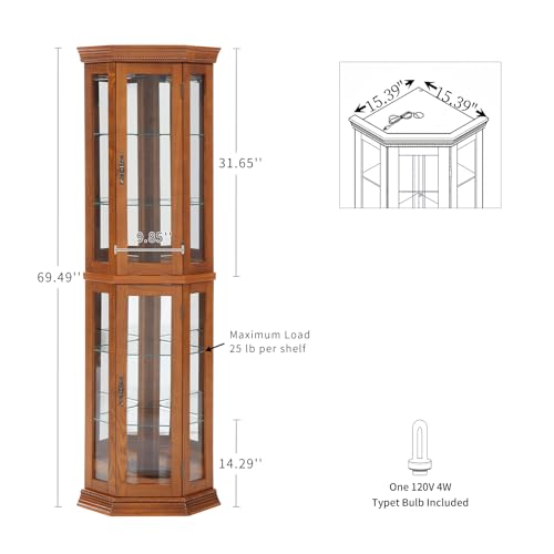 RAINLUX Lighted Wooden Corner Display Curio Cabinet, Two Section Shelving Unit with Tempered Glass Door, Bar and Liquor Storage Area with 6 Shelves - Lorona, Oak - WoodArtSupply