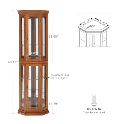 RAINLUX Lighted Wooden Corner Display Curio Cabinet, Two Section Shelving Unit with Tempered Glass Door, Bar and Liquor Storage Area with 6 Shelves - Lorona, Oak - WoodArtSupply