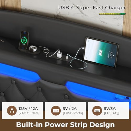 ADORNEVE Floating Bed Frame Queen with Hidden Storage Headboard, Floating LED Bed Frame with Charging Station, Upholstered Leather Platform Bed with Storage, No Box Spring Needed, Black ADORNEVE