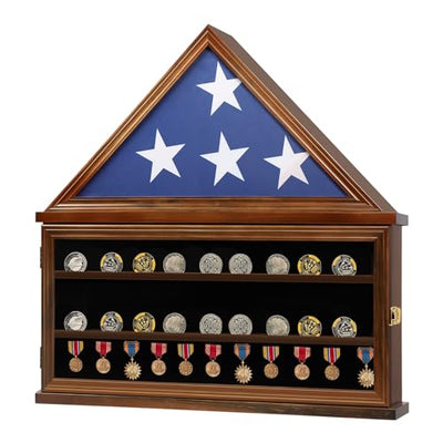 Zmiky Large Burial Flag & Military Challenge Coin Display Case Solid Wood Cabinet Fits a 5 X 9.5 Flag Folded Removable 2 Grooves Shelves and Lockable