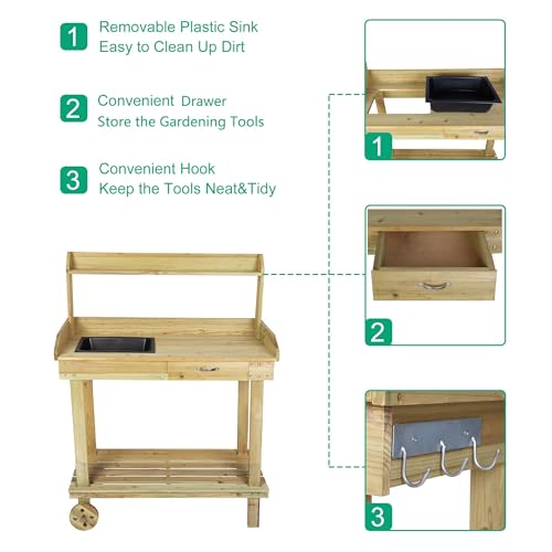 LUCKYERMORE Potting Bench Table Wooden Gardening Plant Workstation Natural Solid Wood Garden Potting Station w/Wheels and Drawer Sink Hook Open Shelf for Outside Patio Lawn Garden, Banco para macetas LUCKYERMORE