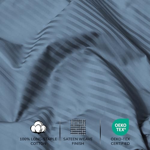 Feather & Stitch 500 TC Queen Size Damask Bed Sheet Set, 100% Cotton Soft Breathable Bedsheets, 4 Piece 18" Deep Pockets Sateen Weave Striped Bedding Mattress Resort Hotel Luxury Décor - (Blue Stripe) FEATHER & STITCH NEW YORK
