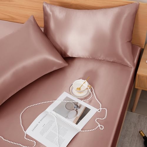 NSGZ 2 Pcs Satin Fitted Sheet and Pillowcase Set, Twin Silky Bottom Bedsheet Fit up to 15 Inch Deep Pocket Mattress, Champagne Soft Satin Bedding Includes 1 Fitted Sheet and 1 Pillowcases NSGZ