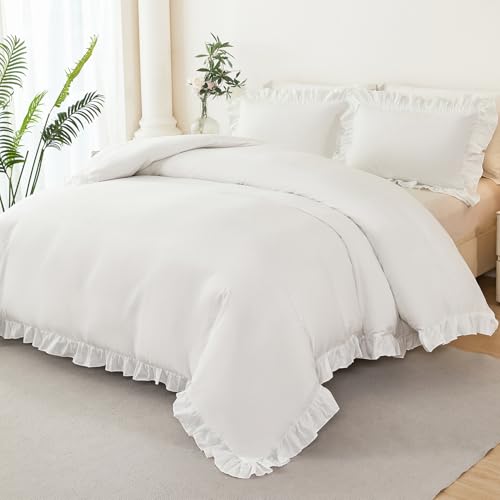 ZSYAYAHA Twin Size Kids Duvet Covet Set White Ruffle Comforter Cover for Girls Teens 3 Pieces Fluffy Farmhouse Bedding Cover Set with Ruffled Layer for All Seasons(White, Twin) ZSYAYAHA