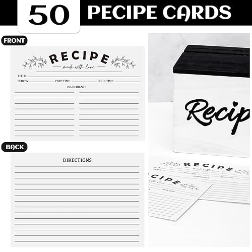 Hoteam Wooden Recipe Box with Cards and Rustic Wood Recipe Card Holder with 50 Pcs 5 x 7 Recipe Cards Set Farmhouse Recipe Organization Box with Dual Slots for Phone Kitchen Decoration (White) Hoteam