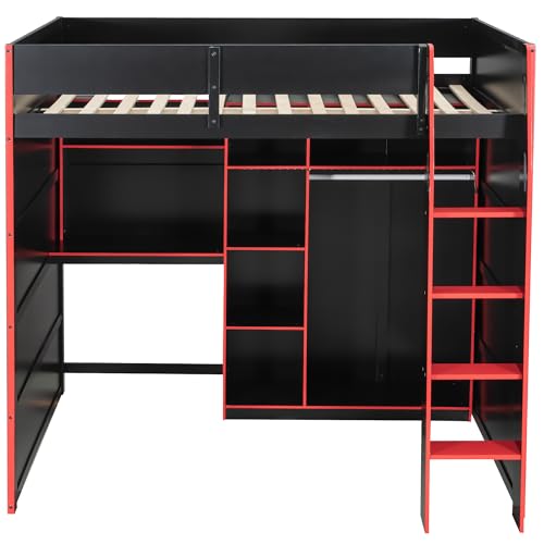 Merax Wood Loft Bed with Desk, Open Wardrobe, Storage Compartments and RGB Lights, Full Size, Red Merax