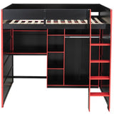 Merax Wood Loft Bed with Desk, Open Wardrobe, Storage Compartments and RGB Lights, Full Size, Red Merax