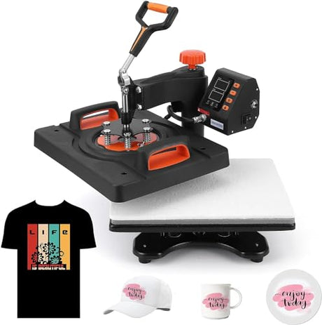 Heat Press Machine for T Shirts, 6 in 1 Auto Hat Heat Press Sublimation, 800W 360° Rotation Swing-Away, Dual-Tube Heating Printing for DIY T-Shirts Cap Hat Mugs-12 X 15'' Black Towallmark