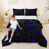 Erosebridal Black Navy Royal Blue Comforter Set Full Neon Geometric Checkered Bedding Set for Teen Boys Gamer Room Decor,Abstract Stereoscopic Grids Quilt Square Plaid Check Bed Set 3 Pcs Erosebridal