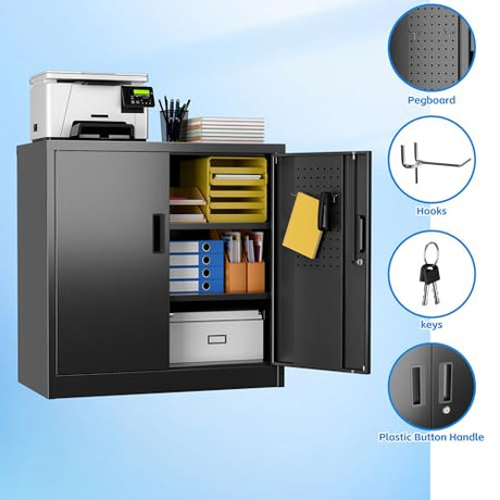 JAORD Metal Storage Cabinet with 2 Lockable Doors and 2 Adjustable Shelves, Locking Garage Storage Cabinet with Pegboard, Small Metal Cabinet with Lock for Garage, Home, Black, Assembly Required JAORD