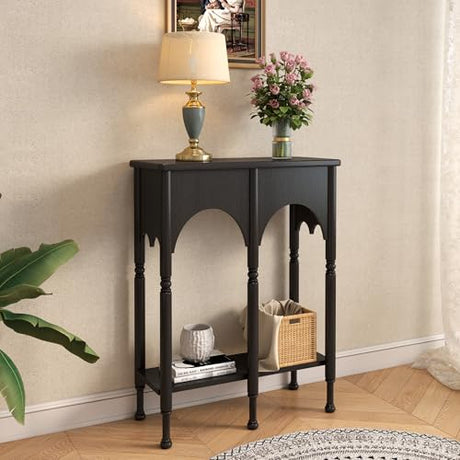 Topbele Console Table with Storage Shelf, 28" Small Entryway Table with Roman-Style Legs, Wooden Sofa Table Retro 2-Tier for Living Room, Hallway, Black Topbele