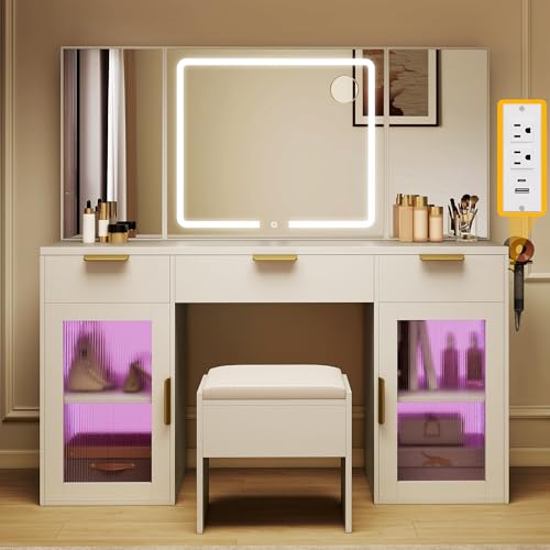 DWVO 56" Vanity Table Set with Tri-Fold Mirror & LED Lights, Makeup Vanity Desk with RGB Glass Cabinets, Storage Drawers, Shelves, Built-in Power Strip, Cushioned Stool for Dressing Room, White DWVO