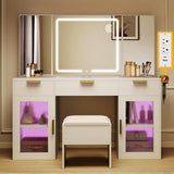 DWVO 56" Vanity Table Set with Tri-Fold Mirror & LED Lights, Makeup Vanity Desk with RGB Glass Cabinets, Storage Drawers, Shelves, Built-in Power Strip, Cushioned Stool for Dressing Room, White DWVO