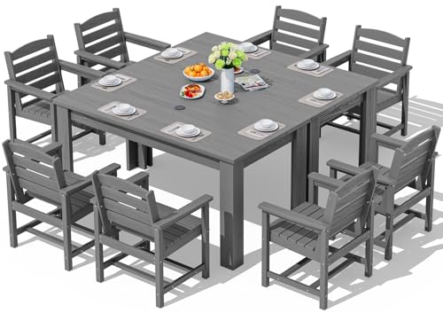 SERWALL Patio Dining Sets for 8, Outdoor Dining Sets for 8 Person with 2 Umbrella Hole Cut-Out Rectangular Tables and 8 Chairs, HDPE Dining Sets for Garden, Backyard, Poolside, Gray SERWALL