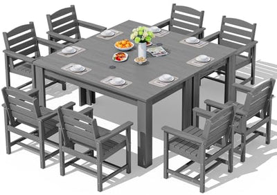 SERWALL Patio Dining Sets for 8, Outdoor Dining Sets for 8 Person with 2 Umbrella Hole Cut-Out Rectangular Tables and 8 Chairs, HDPE Dining Sets for Garden, Backyard, Poolside, Gray