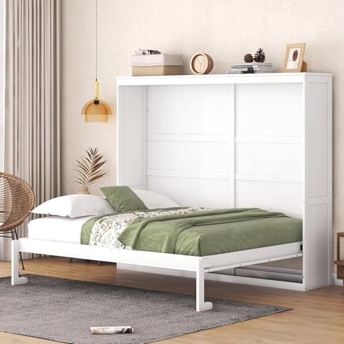 MERITLINE Queen Horizontal Murphy Bed,Wood Space-Saving Folding Farmhouse Murphy Bed Cabinet for Adults,No Box Spring Needed (Queen,White) MERITLINE