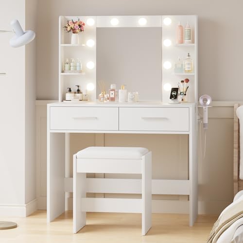 YESHOMY Vanity Desk with Mirror, Makeup Table with 2 Large Drawers, Power Outlet and Round Holder, 3 Color Modes Adjustable Bulb, Bench Included, Easy Assembly, Gloss White YESHOMY