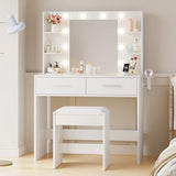 YESHOMY Vanity Desk with Mirror, Makeup Table with 2 Large Drawers, Power Outlet and Round Holder, 3 Color Modes Adjustable Bulb, Bench Included, Easy Assembly, Gloss White YESHOMY
