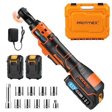 Protmex 3/8'' Cordless Ratchet Wrench, 60FT-LBS (80N.m) Electric Ratchet with 21V 2 X 2.0Ah Battery, 400 RPM Chargeable Power Ratchet Driver Set with 8 Sockets,1/4 Adaptor, 3" Extension Bar Protmex
