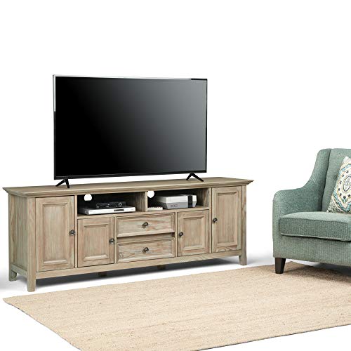 SIMPLIHOME Amherst SOLID WOOD 72 Inch Wide Transitional TV Media Stand in Distressed Grey for TVs up to 80 Inch, For the Living Room and