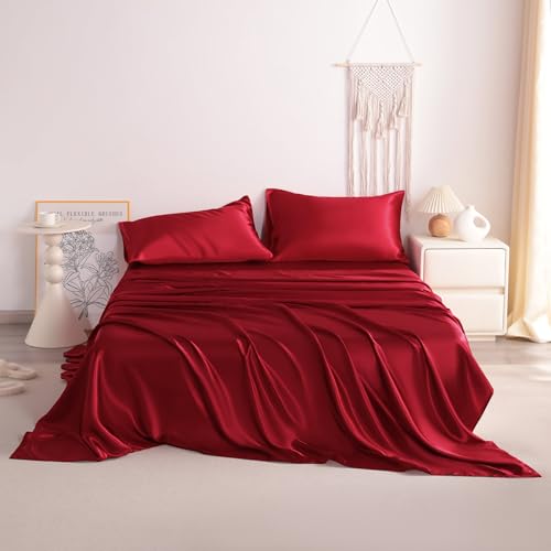 NTBAY Silk Satin King Sheet Set, 4-Piece Luxury and Soft Bedding Set Cooling Silky Sheets for Hair and Skin, Includes 2 Pillowcases, 1 Flat Sheet, 1 Fitted Sheet with Deep Pocket, Wine Red NTBAY