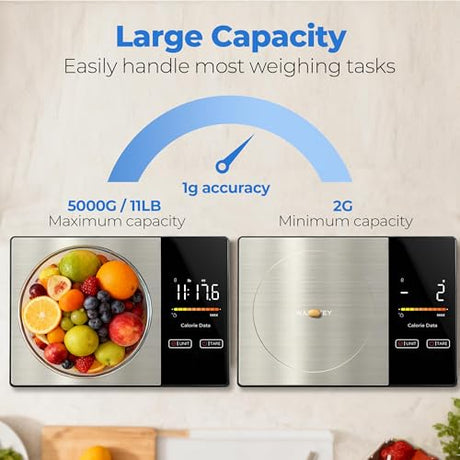 WARMKEY Smart Nutrition Food Scale with App - 1g Precision Digital Kitchen Scale, Tracks Calories & 24 Nutrients, Macros, Fat & Protein for Keto, Fitness & Meal Prep, 11lb/5kg with Tare Function WARMKEY