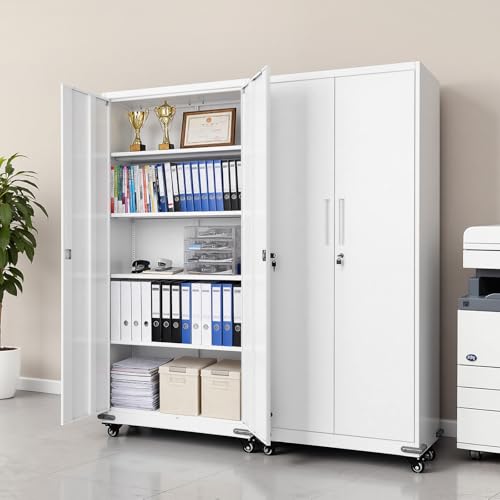 VEVOR Metal Storage Cabinet, 72.6 in Rolling Steel Garage Cabinet with 4 Adjustable Shelves, 2 Magnetic Doors & 2 Keys, 5 Tiers Lockable Tool Storage for Pantry, Warehouse, Basement, Office, White VEVOR