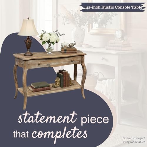 Austerity Rustic Console Table, 42 Inch with Curved Legs, Scalloped Edges, and Lower Shelf in Driftwood Finish - Natural and White Textured Antique Look Home Décor by Alaterre Furniture Alaterre Furniture