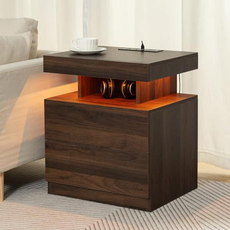 HOMMPA LED Nightstand with Wireless Charging Station & USB Ports High Gloss Bedside Table with LED Light RGB Adjustable Brightness Smart Nightstand 2 Drawers Night Stand for Bedroom Walnut HOMMPA