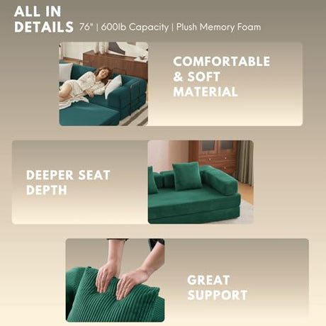 Alpen 77" Futon Sofa, Floor Foldable Sofa Couch Bed Queen with L-Shaped Armrests, Futon Bed with Mattress Included, Fold Out Comfy Lounge for Living Room Bedroom, Dark Green Alpen