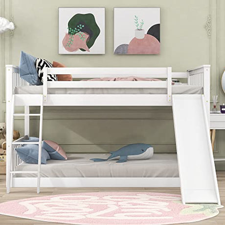 Harper & Bright Designs Floor Low Bunk Bed Full Over Full with Slide and Ladder, Solid Wood Bunk Beds Frame for Saving Space, White Harper & Bright Designs