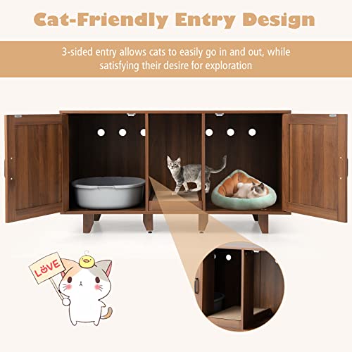 Tangkula Double Cat Litter Box Enclosure for 2 Cats, Large Stackable Hidden Privacy Cat Washroom Cabinet with Scratching Board, Indoor Cat House TV Stand Side Table, Litter Box Furniture (Brown) Tangkula