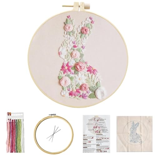 YOUDRN Bunny in Bloom Easter Embroidery Kit for Beginners, Embroidery Kits for Adults,DIY Hand Bunny Embroidery Easter Cross Stitch Starter Set with Pattern,Threads,Needles,Instruction,20cm Hoop