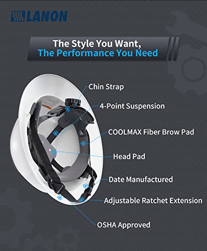 LANON White Full Brim Hard Hat, OSHA Construction Work Approved, HDPE Safety Helmet with 4 Point Adjustable Ratchet Suspension, Class E, G & C LANON Protection