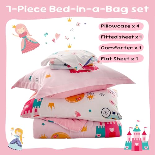 Wajade Kids Pink Princess Comforter Set Bed in A Bag Queen Size 7 Piece Princess Fairy Tales Castle Bedding Set for Girl (1 Comforter, 1 Flat Sheet, 1 Fitted Sheet, 2 Pillowcase and 2 Pillow Sham) Wajade