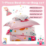Wajade Kids Pink Princess Comforter Set Bed in A Bag Queen Size 7 Piece Princess Fairy Tales Castle Bedding Set for Girl (1 Comforter, 1 Flat Sheet, 1 Fitted Sheet, 2 Pillowcase and 2 Pillow Sham) Wajade