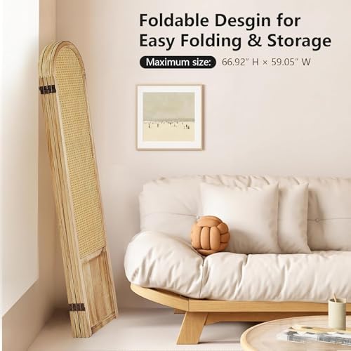 Asnefeli Room Divider 4 Panel Folding Privacy Screen for Bedroom Home Office Separation, Freestanding Wood Partition Wall, 5.6 Ft Natural Rattan Decor Asnefeli