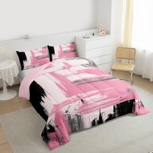 Erosebridal Girls Pink and Black Comforter Set Full Size Girly Abstract Pink Comforter Set for Kids Teens Women Geometric Modern Bedding Sets Minimalists Striped Art Bed Sets for Adults Boys Men Erosebridal