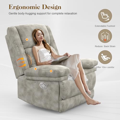 FURNIMAT Recliner Chair for Adults, Oversized Manual Pull Tab Reclining Chair, 2-Tier Cushions, Minimalist Style Single Sofa for Living Room, RV (Polished Microfiber)