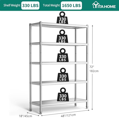 YITAHOME Stainless Steel Shelving Unit 5 Tier, 48"*18"*72" Storage Shelves, Heavy Duty Shelf for Garage Kitchen Office Restaurant Warehouse - WoodArtSupply