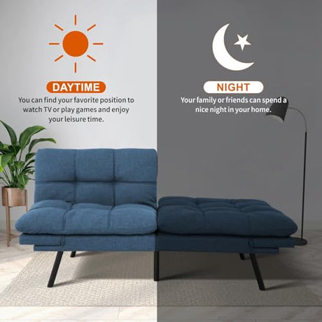 MUUEGM Futon Sofa Bed 71" Convertible Memory Foam Royal Blue Futon Couch Bed Modern Loveseat Sleeper with Adjustable Backrests Armrests for Living Room,Small Space,Office MUUEGM