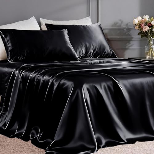 FreshCulture Satin Sheets Queen Size Bed Set- 4 Piece Luxury Soft Silky Queen Sheet Set, Similar to Silk Bed Sheets with 1 Deep Pocket Fitted Sheet, 1 Flat Sheet & 2 Pillowcases (Black) FreshCulture