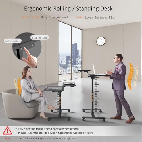 TecbL Pneumatic Standing Desk with Wheels - Adjustable Height 28" - 46" & 0-90° Tilt, 31.5" x 17.7" Skin-Feel Desktop, Rolling Computer Desk for Home Office, Hospital, School (Black) TecbL