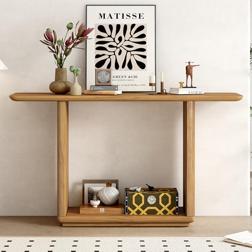 Merax Elegant Minimalist Console Table with Curved Corners, Natural Wood Veneer, U-Base Design Entryway Table for Displaying Treasures, Simple Assembly, Natural Merax
