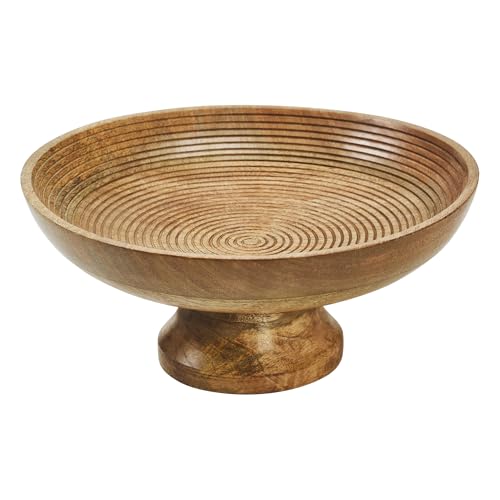 VHC Brands Ribbed Natural Wooden Fruit Bowl 5.5x12x12, Kitchen Decor, Decorative Wooden Pedestal Bowl, Perfect Centerpiece for Table, Island, or Counter - WoodArtSupply