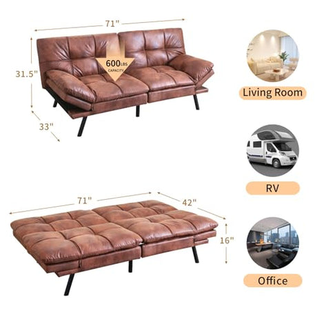 MUUEGM Convertible Memory Foam Sofa Bed with Adjustable Backrest & Armrest, Modern Futon Couch for Living Room, Office, Apartment, Space-Saving Design, Easy Assembly,Brown Leather MUUEGM