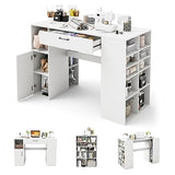 COSTWAY 36” Counter Height Sewing Table, 53 Inch Artwork Craft Table with 14 Open Compartments, 3-Position Adjustable Shelf, 1 Drawer & Cabinet, Project Center Desk Drafting Sewing Workstation, White COSTWAY